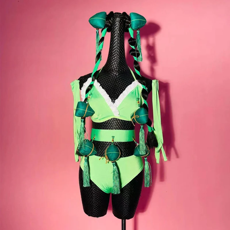 

Pole Dance Clothing Zongzi Tassels Headgear Sexy Green Bikini Female Gogo Costume Nightclub Bar Stage Festival Outfit XS4275