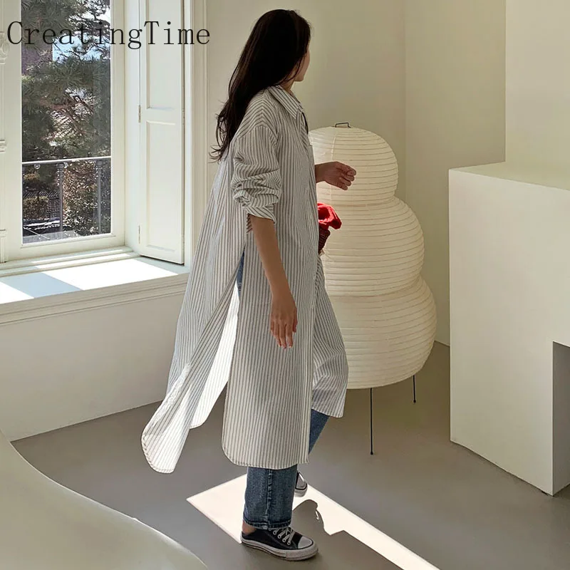 

Creatingtime Slit Patchwork Striped Mid-length Shirt Women's Korean Style Loose Long Sleeve Thin 2022 Summer Autumn New LH394