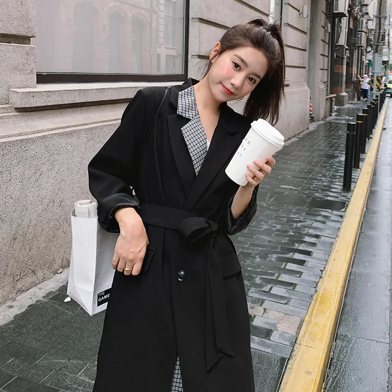 SuperAen 2024 модный однобортный длинный ветровка в клетку Корейском стиле