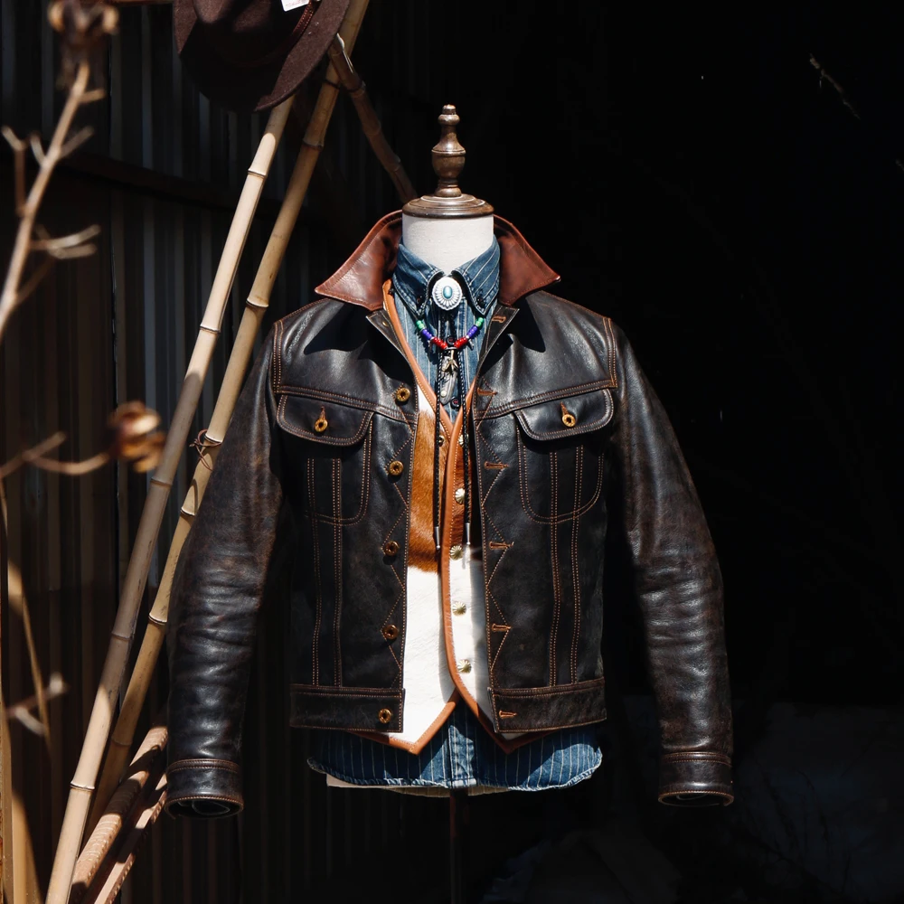 Tailor Brando J-123 Super Top Quality Italian Washed Distressed Two Tone Leather American Retro Classic Storm Rider Jacket