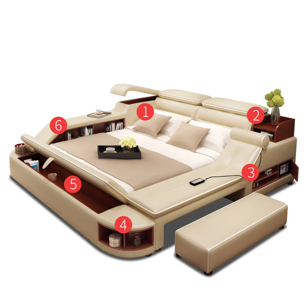 

MINGDIBAO Ultimate Tech Smart Bed with Multifunctional Frame and Genuine Leather Upholstery Tatami Massage Double Beds Frame