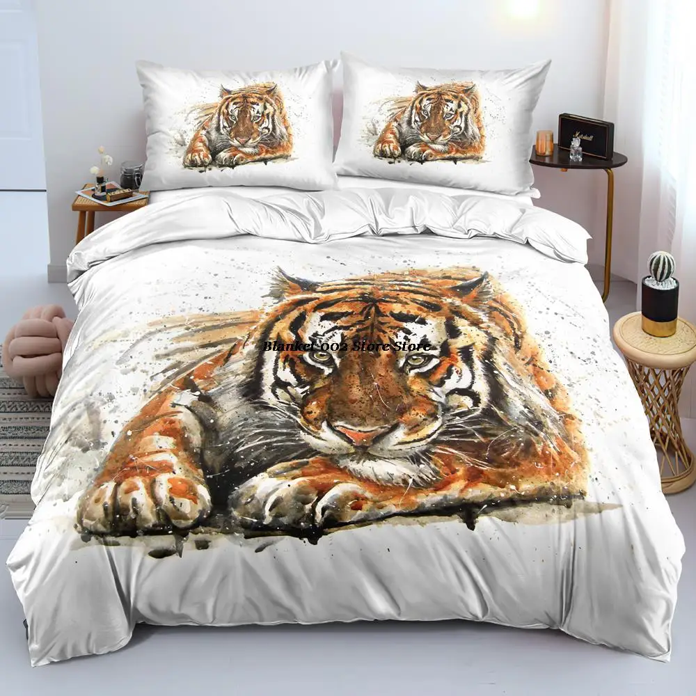 

3D White Bedding Set Custom Design Animal Duvet Cover Sets Tiger Bed Linen Pillowcases King Queen Single Twin Size 160*200cm