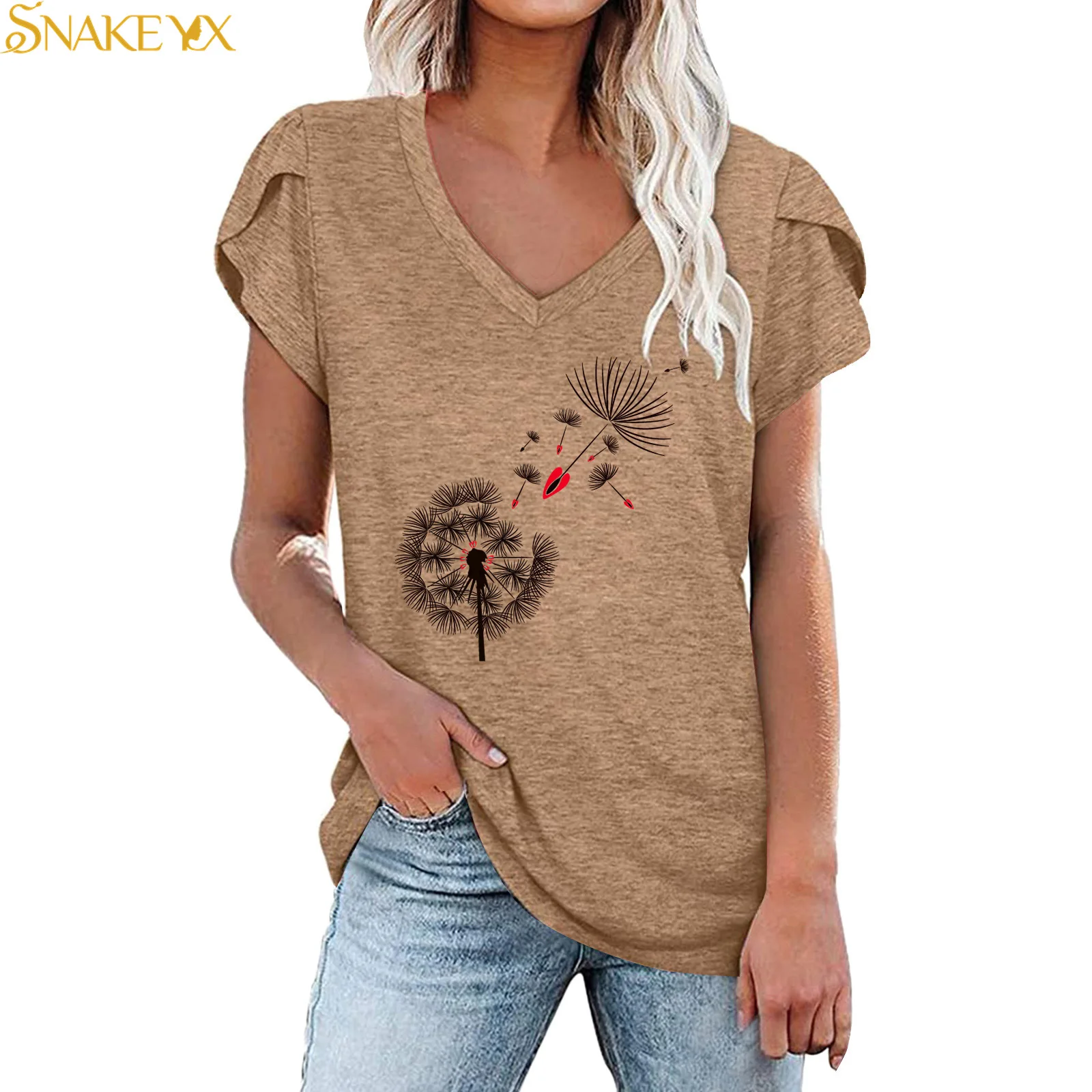 

SNAKE YX 2022 Summer New Dandelion Creative Printing V-neck Petal Short-sleeved T-shirt Women