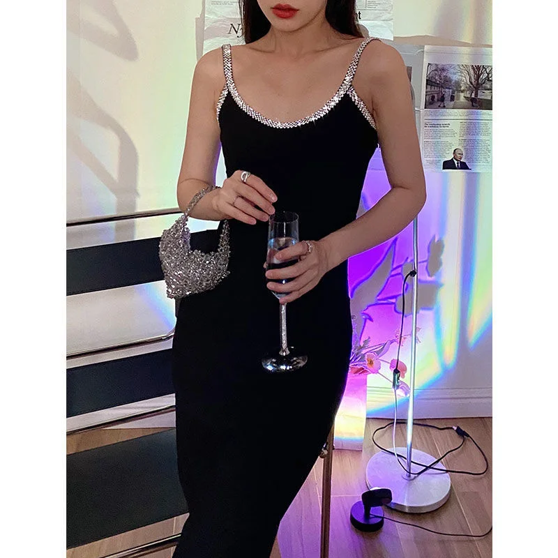 

Black Diamond Sparkling Dress Slim Sexy Suspender Women'S Backless Korean Light Luxury High-End Japanese Mid-Skirt