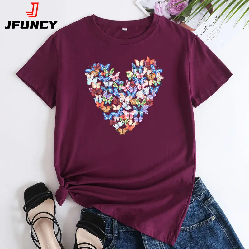 JFUNCY Oversized T-shirts 2022 Women Tops Women's Cotton Tee Shirt Summer Short Sleeve Tshirt Female Fashion Graphic T Shirts