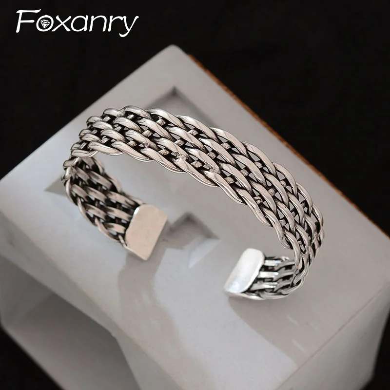 Фото Foxanry Weave Twist геометрический широкий браслет-манжета для женщин пары этнические простые модные индивидуальные винтажные вечерние ювелирные изделия подарки №1