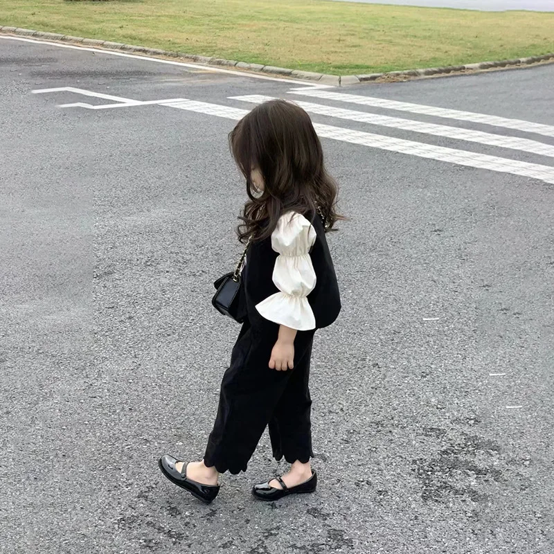 

HoneyCherry New Girls Fashion Vest Pants Set Solid Color Bubble Sleeve Shirt Girl Clothes