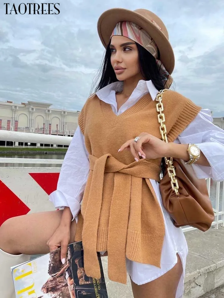 

Женский вязаный свитер Taotrees, жилет, Осень-зима, офисное повседневное Бандажное пальто без рукавов на шнуровке, куртка, пуловеры, трикотажная...