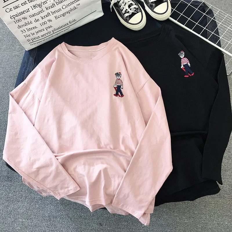 

harajuku cartoon embroidery t shirt korean ulzzang Women T-shirts autumn long Sleeve casual loose T-shirt black white pink tops