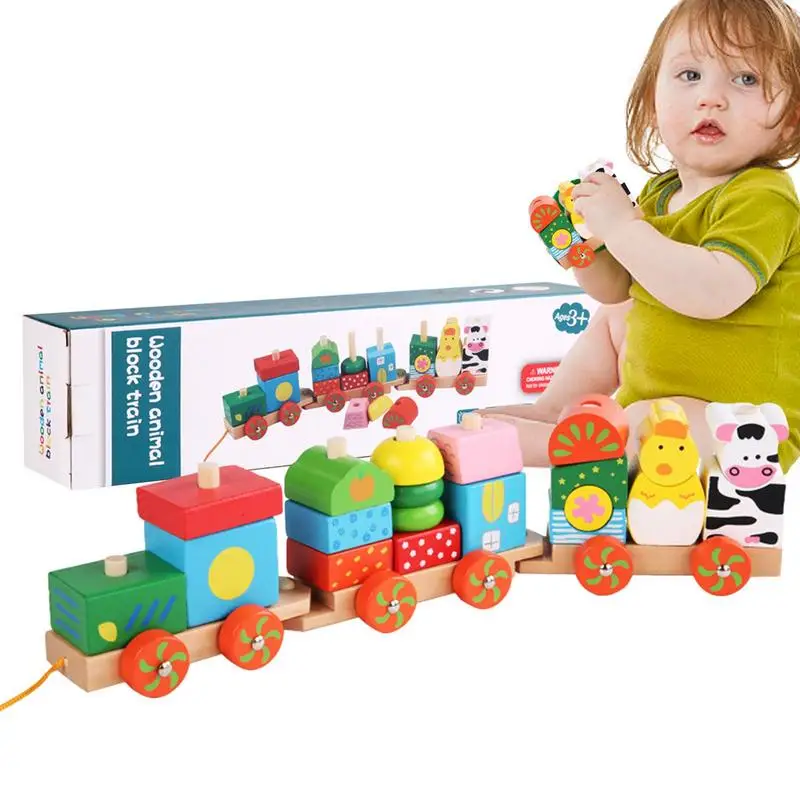 

Wooden Train Pull Toy Farm Animal Pull Toy Set Color Cognition Fine Motor Skills Development Kids Train Table Toddlers Above 3