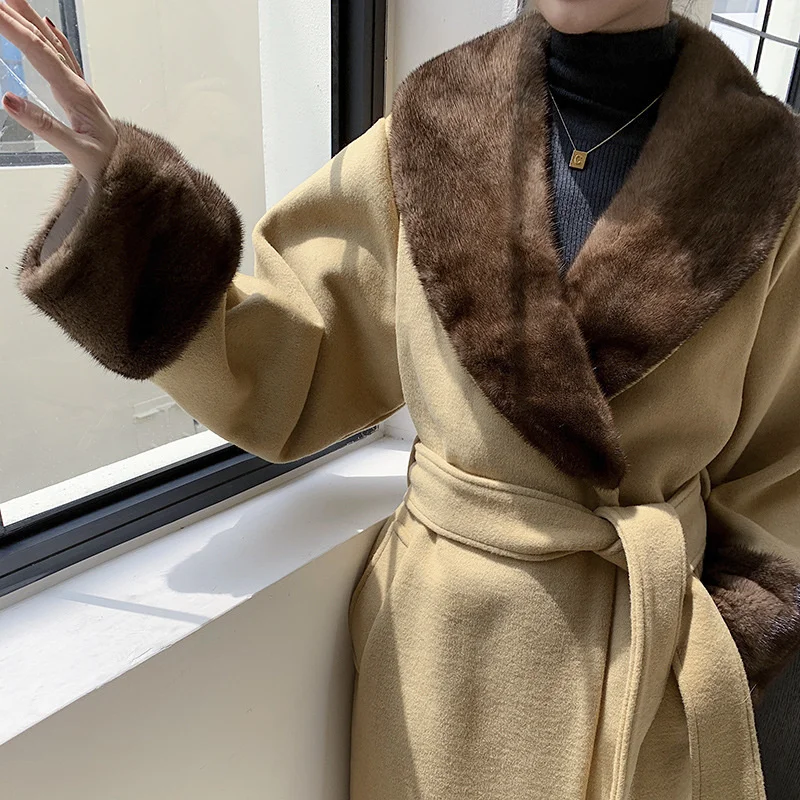 

Mink Hair Collar Camel Bathrobe Double sided Wool Coat Women's New Casual Long lapel Belt Slim Fit High Quality Wool Overcoat