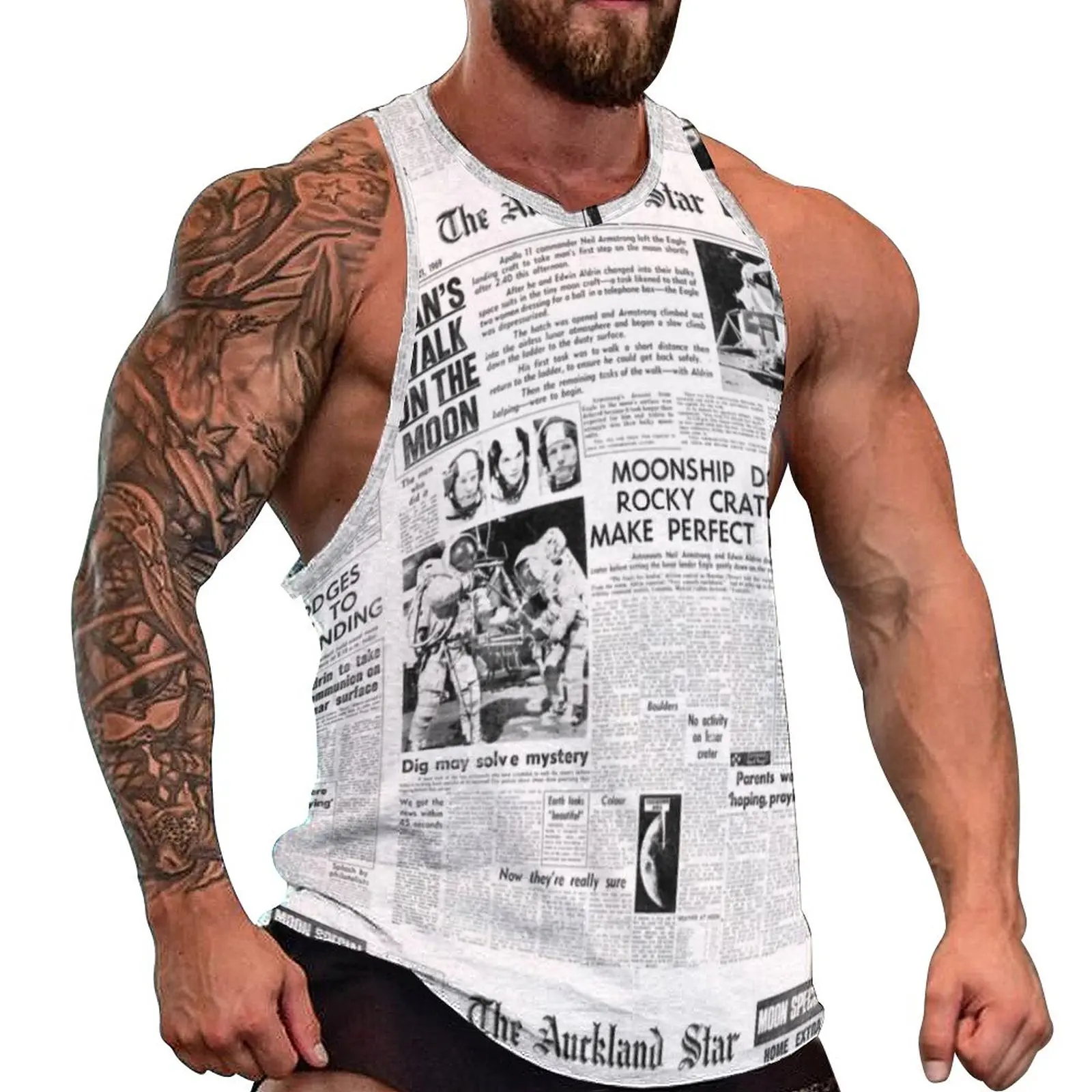 

Newspaper Headlines Tank Top Historic Moon Landing Cool Tops Daily Training Males Graphic Sleeveless Vests Big Size 4XL 5XL