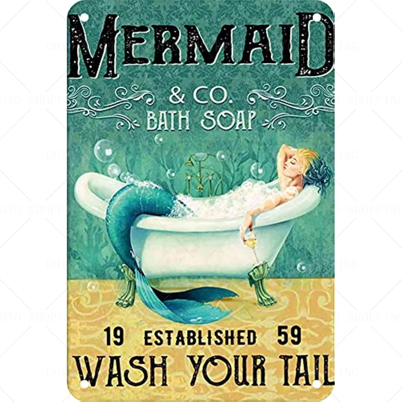 

Mermaid Decor Gifts Funny Bathroom Decor Wall Art Coffee Bar Vintage Metal Tin Sign Wash Your Tail Office Home Toilet Signs