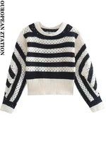 pailete women 2022 fashion striped hollowed out knit sweater vintage o neck long sleeve pullovers chic tops