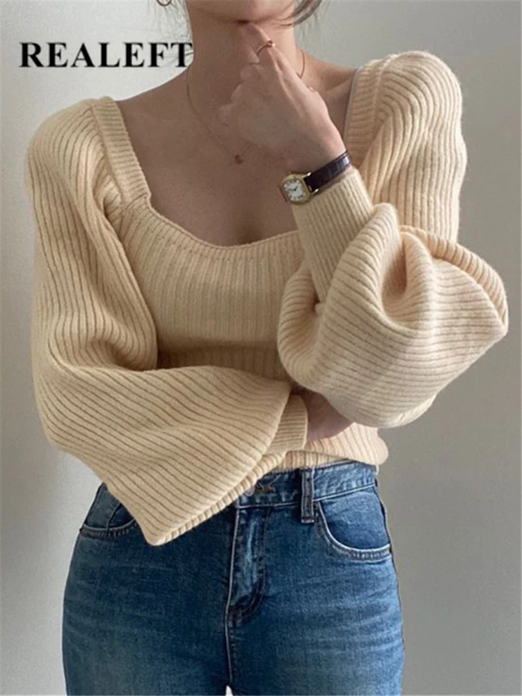 

REALEFT 2022 New Autumn Winter Puff Sleeve Women's Sweater Casual Solid Sqaure Collar Knitting Pullovers Knitwear Elegant Tops