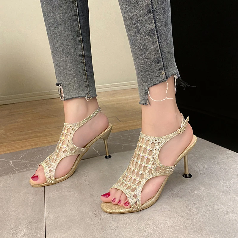 

Rhinestone Mesh Sandals Women's Peep Toe Cutout High Heels Shoes Summer Fashion Ladies Catwalk Stilettos Women Nightclub Sandals