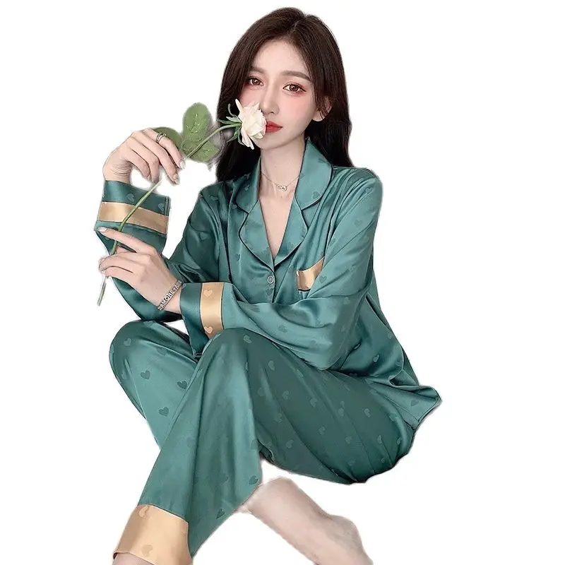 

FAKUNTN High Quality Women Satin Sleepwear Long Sleeve Print Pajamas Set Casual Ladies Lingerie Pijama Pyjamas Sexy Ice Silk
