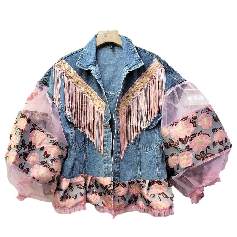 

2023 Summer Thin Hollow Out Mesh Stitched Lantern Sleeve Tassel Jeans Jacket Coat Women Loose Outerwear Denim Jackets Streetwear