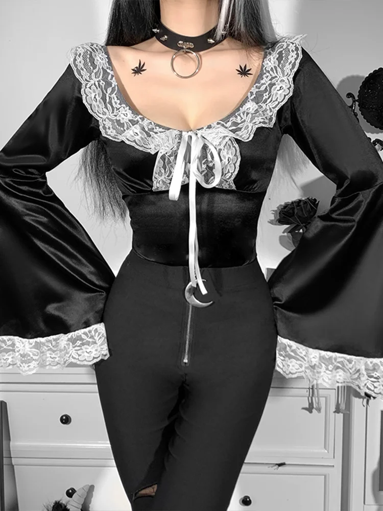 Сексуальное черное боди с лентами InsGoth Mall эстетичный кружевной комбинезон