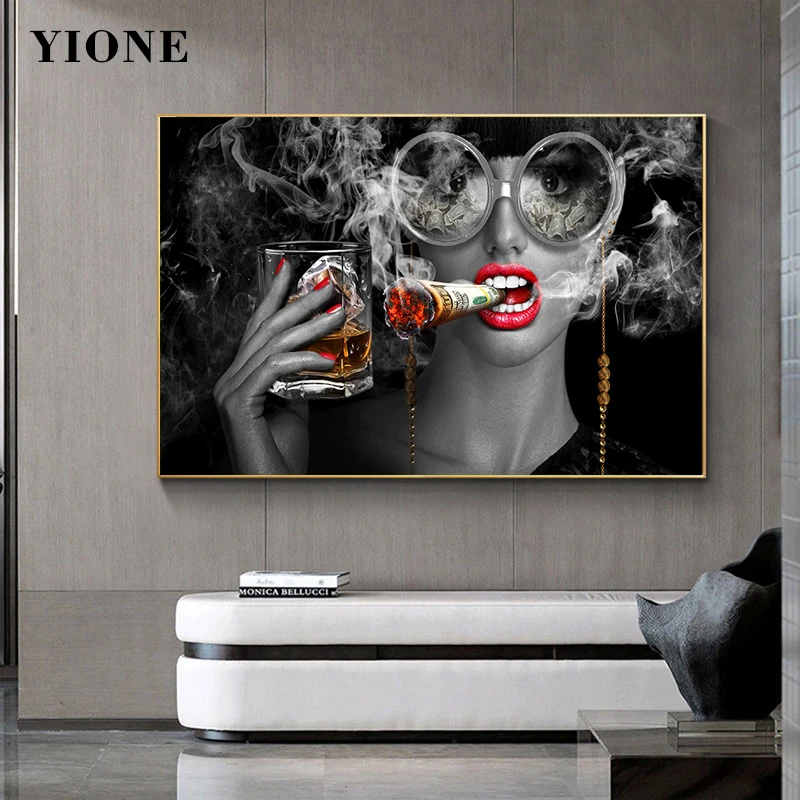 

Modern Abstract Rich Smoking Woman Canvas Painting Fashion Cool Lady Art Print Poster Wall Decoration Picture for Living Room
