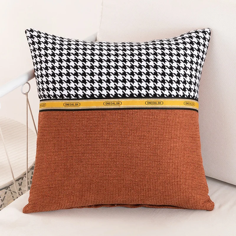 

Knitted Houndstooth Patchwork Pillow Covers with golden belt, Houndstooth Jacquard Cushion Covers,Classic Pillow Shams