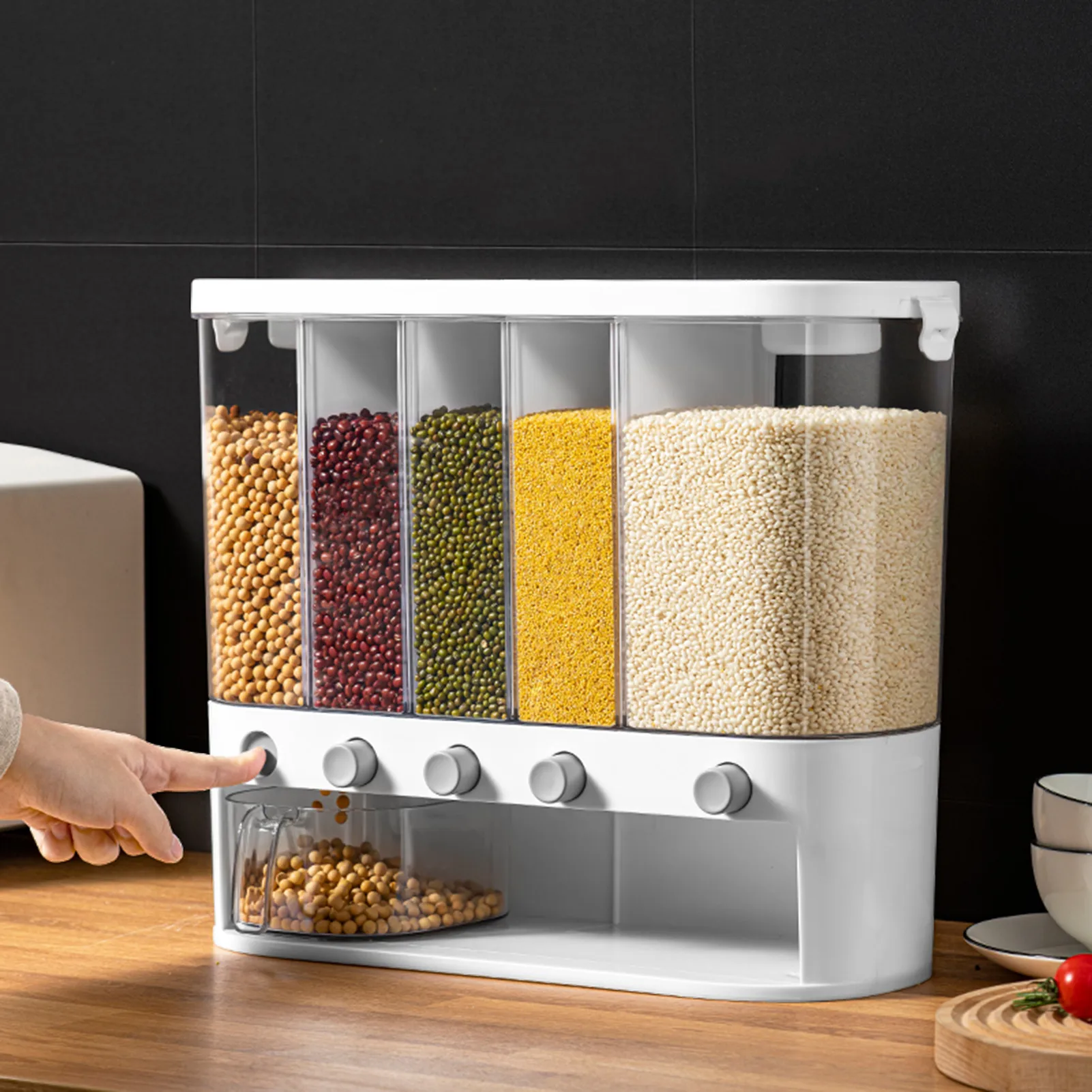 

Rice Dispenser 5-Grid Airtight Cereal Dispenser Countertop 12L Dry Food Storage Container For Soybean Grains Flour Wall-Mounted