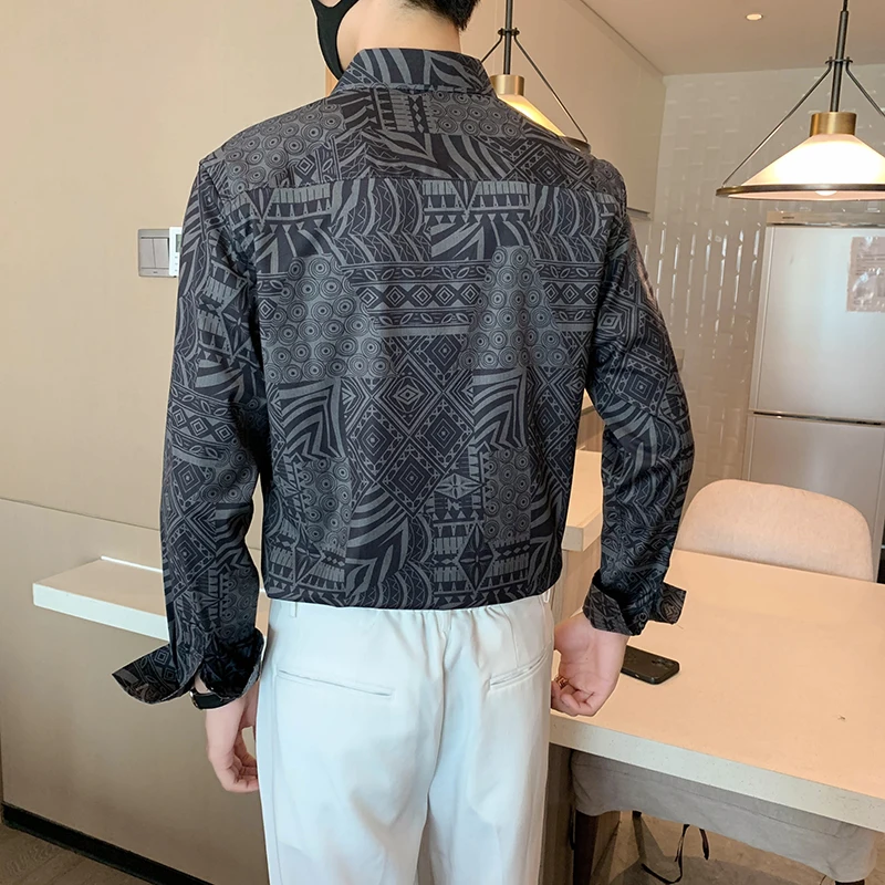 2022 Autumn Light Luxury Print Shirts Men Loose Casual Shirt Vintage Business Dress Shirts Social Party Men Clothing Streetwear