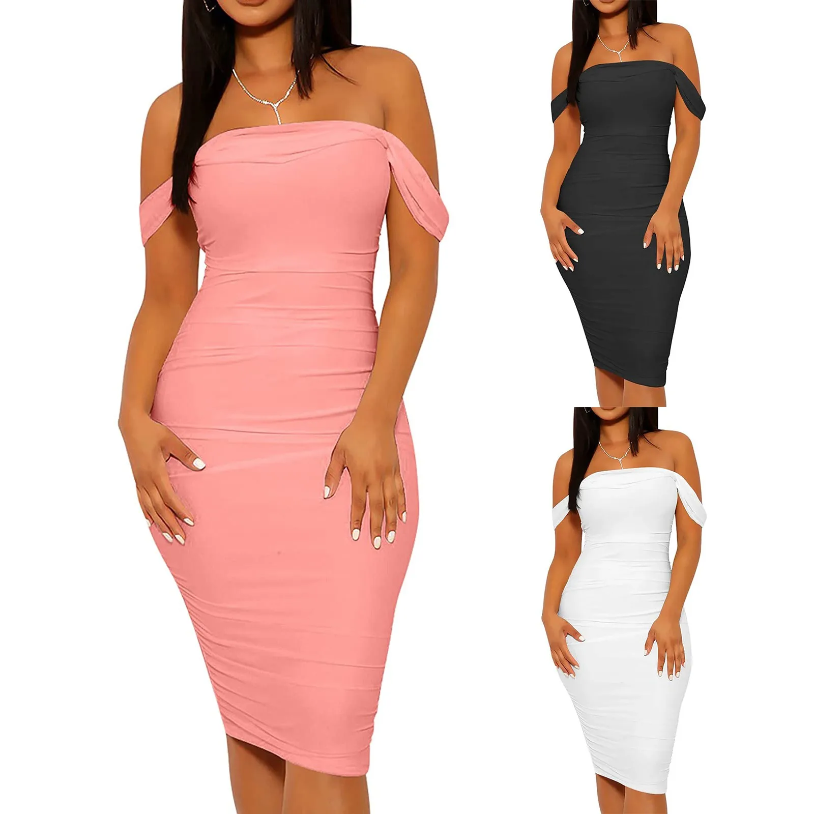 

Hot selling 2022 European and American summer new solid color one-word neck tight sexy dress dress women