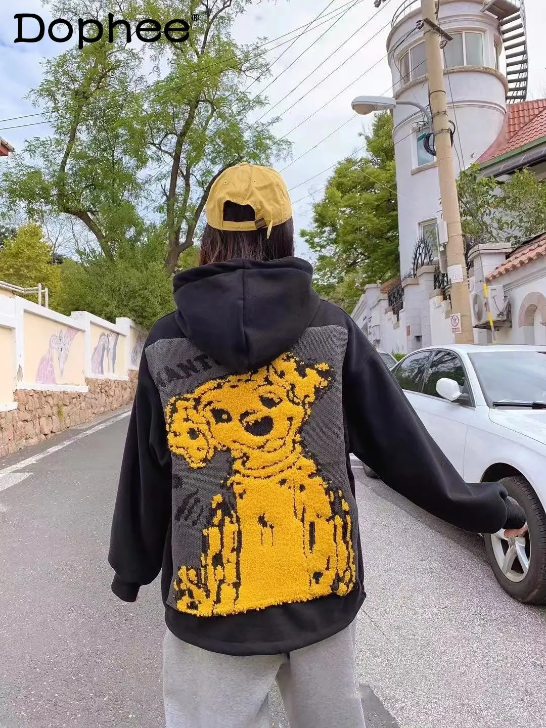 

Korean Fashion Back Cartoon Pattern Plus Velvet Thick Sweatshirt Women Loose Oversized Hoodie Coat Autumn and Winter New Clothes