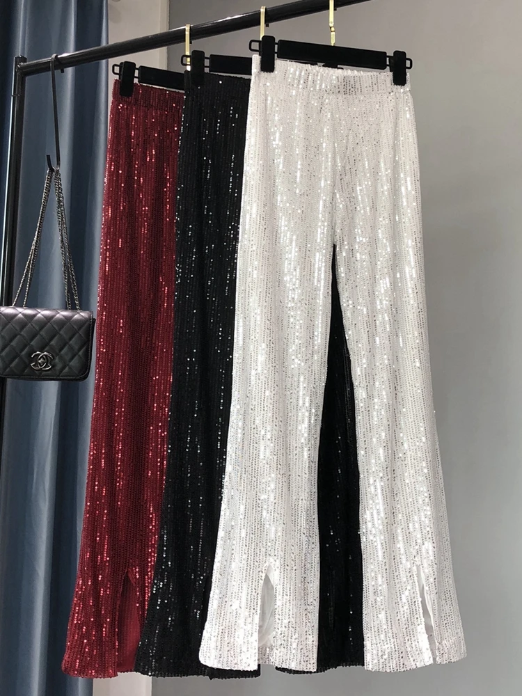 

Shiny Silver Full Sequined Slight flare Pant Elastic Waist Bling Luxury Chic Capris Casual Party Club Long Pants Capris 6colors
