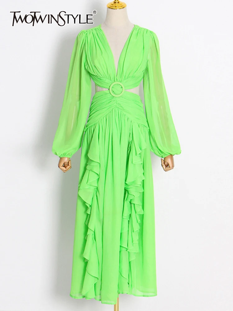 

TWOTWINSTYLE Cut Out Dress For Women V Neck Long Sleeve High Waist Solid Sexy Midi Dresses Female Spring Clothing Style New 2022