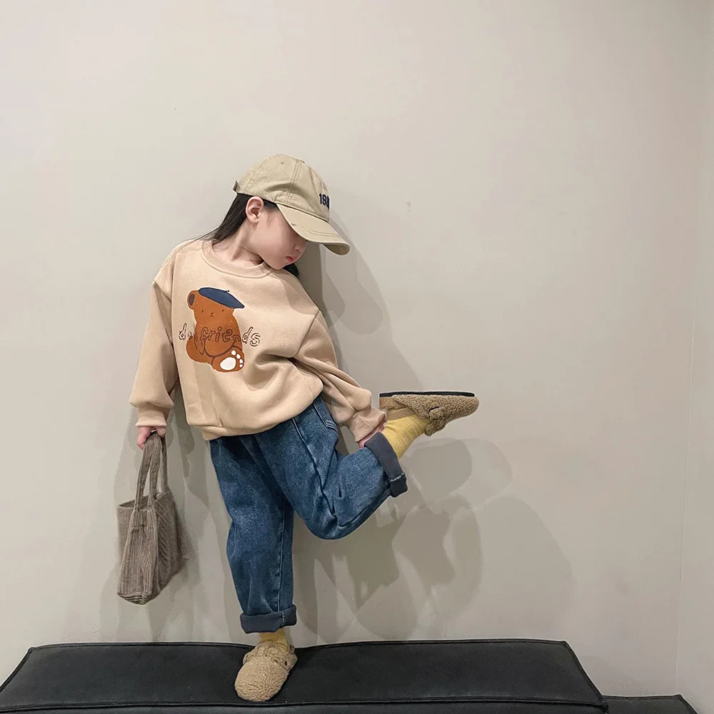 Children's plush thickened jeans winter Korean boys and girls one piece velvet elastic casual denim trousers