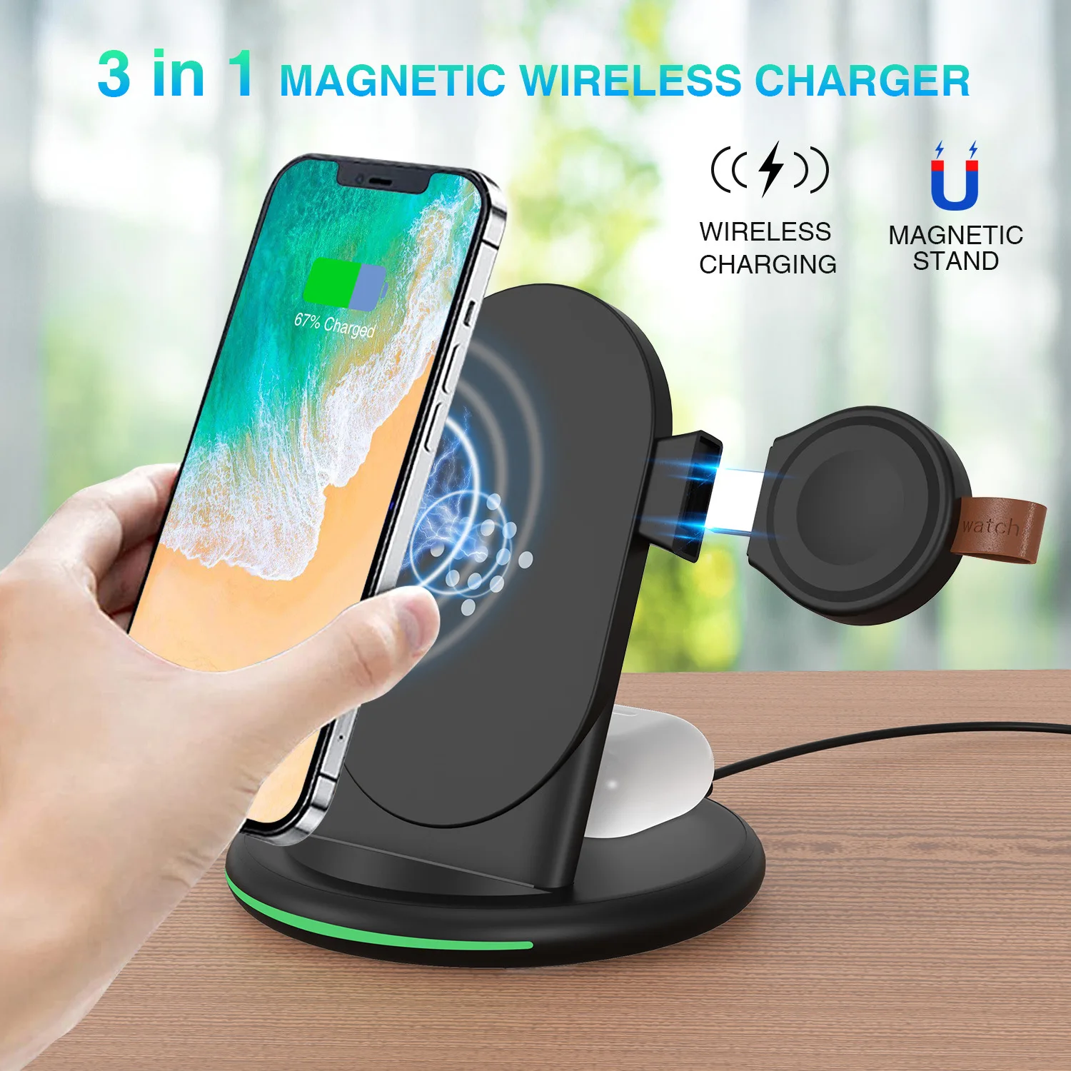 3 in 1 Magnetic Wireless Charger 15W Stand Fast Wireless Charging  for Samsung Xiaomi  Huawei IPhone Apple watch