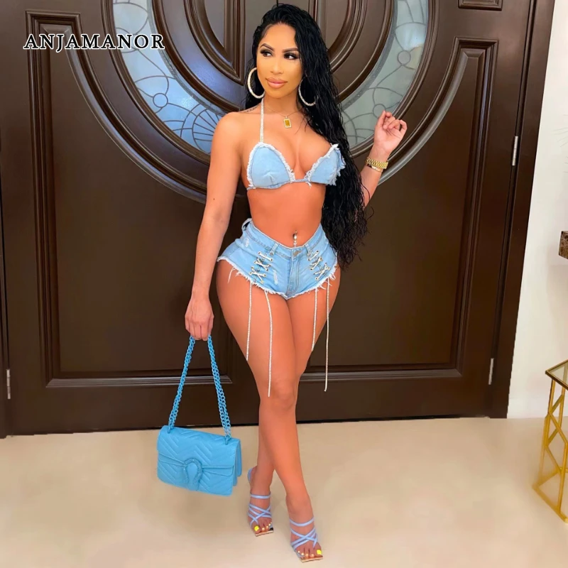 

ANJAMANOR Cross Chain Denim Booty Shorts and Bikini Top Sexy 2 Piece Sets Summer Club Outfits for Women 2023 D30-DI36