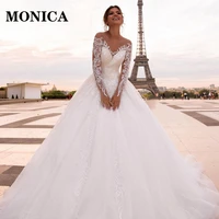 monica classic wedding dress off shoulder sheer round neck sheer appliques gorgeous fall prom bride princess dress