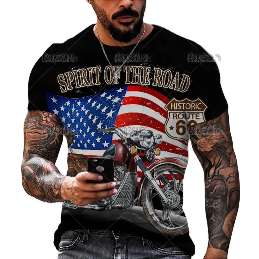 

2022 Summer New Fashion Trend Route 66 Motorcycle Pattern Men3D Printed T-shirt Street Personality Wild Loose Oversized retro 4