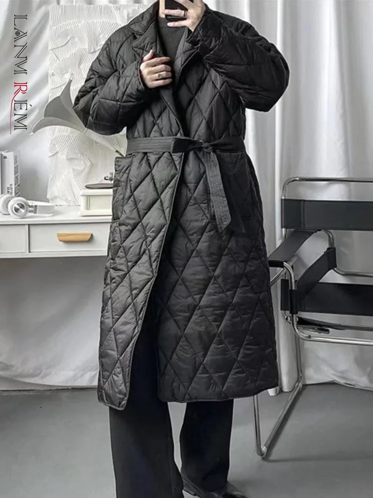 

LANMREM Korean Chic Plaid Cotton Coat Women Loose Medium Length Black Color Bandage Parkas Winter High Street Clothing 2R4652