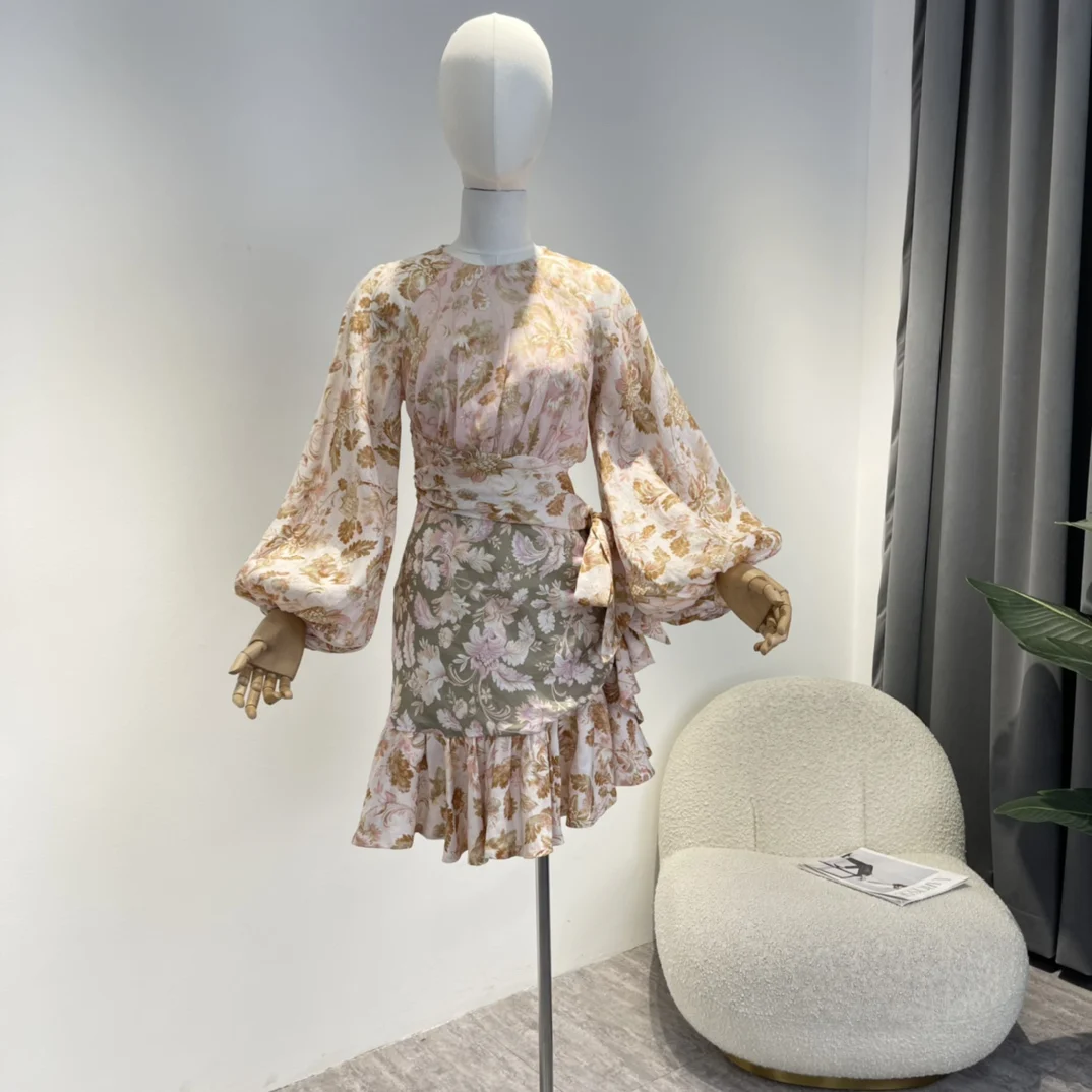 

Женское плиссированное платье-мини из чистого льна, асимметричное плиссированное платье с цветочным принтом и оборками в несколько рядов, Новое поступление 2023