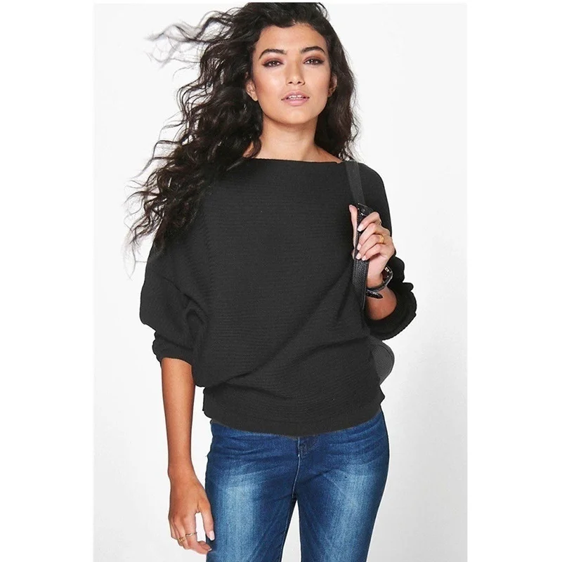 

Winter Loose Knitted Pullovers Sweater Tops Women Fashion O-Neck Long Sleeve Ladies Knitted Pullover Jumper Bat Wing Casual Top