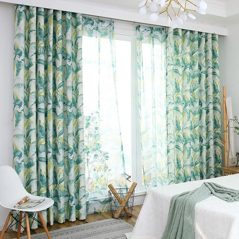 

Green Curtains for Living Room Bedroom Nordic Printed leaves Curtain, Window Treatment Drapes,Linen Panel Curtains Custom