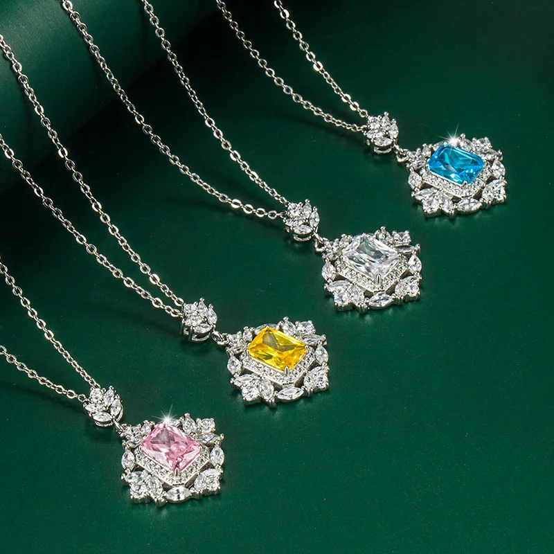 

European and American Caibao Ascher Yellow Diamond Pendant Topaz Blue Argyle Pink Square Diamond Necklace Luxury Jewelry