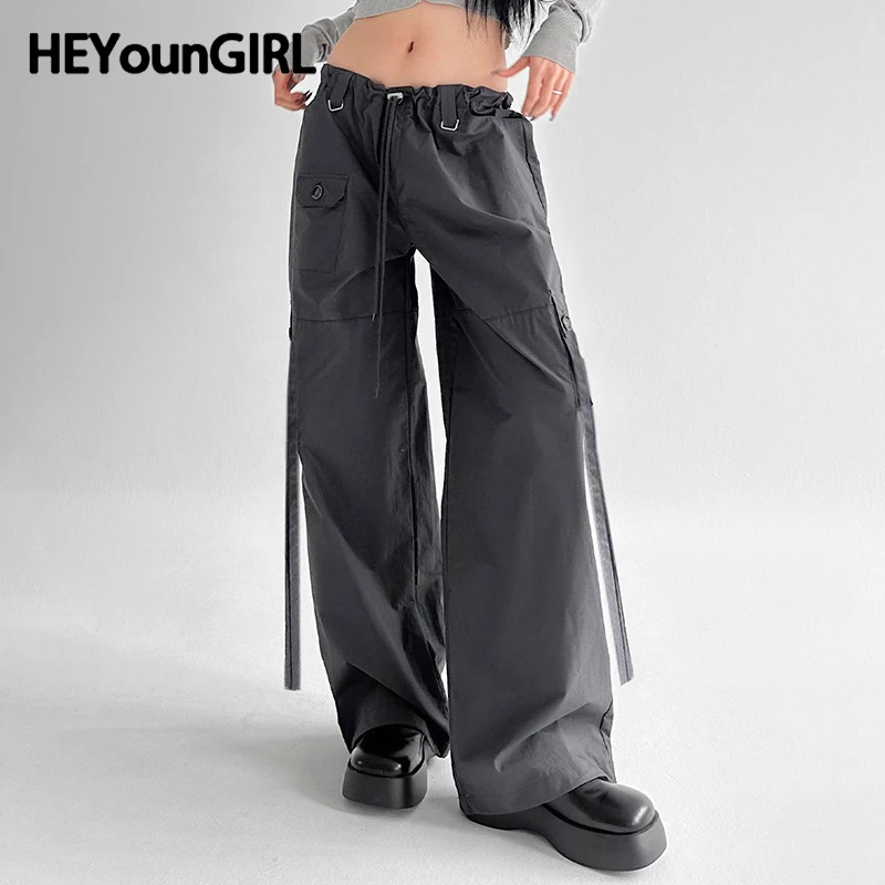 

HEYounGIRL Drawstring Waist Loose Sweatpants Korean Streetwear Casual Gray Ribbon Wide Leg Pants Hip Hop Fashion Joggers Trouser