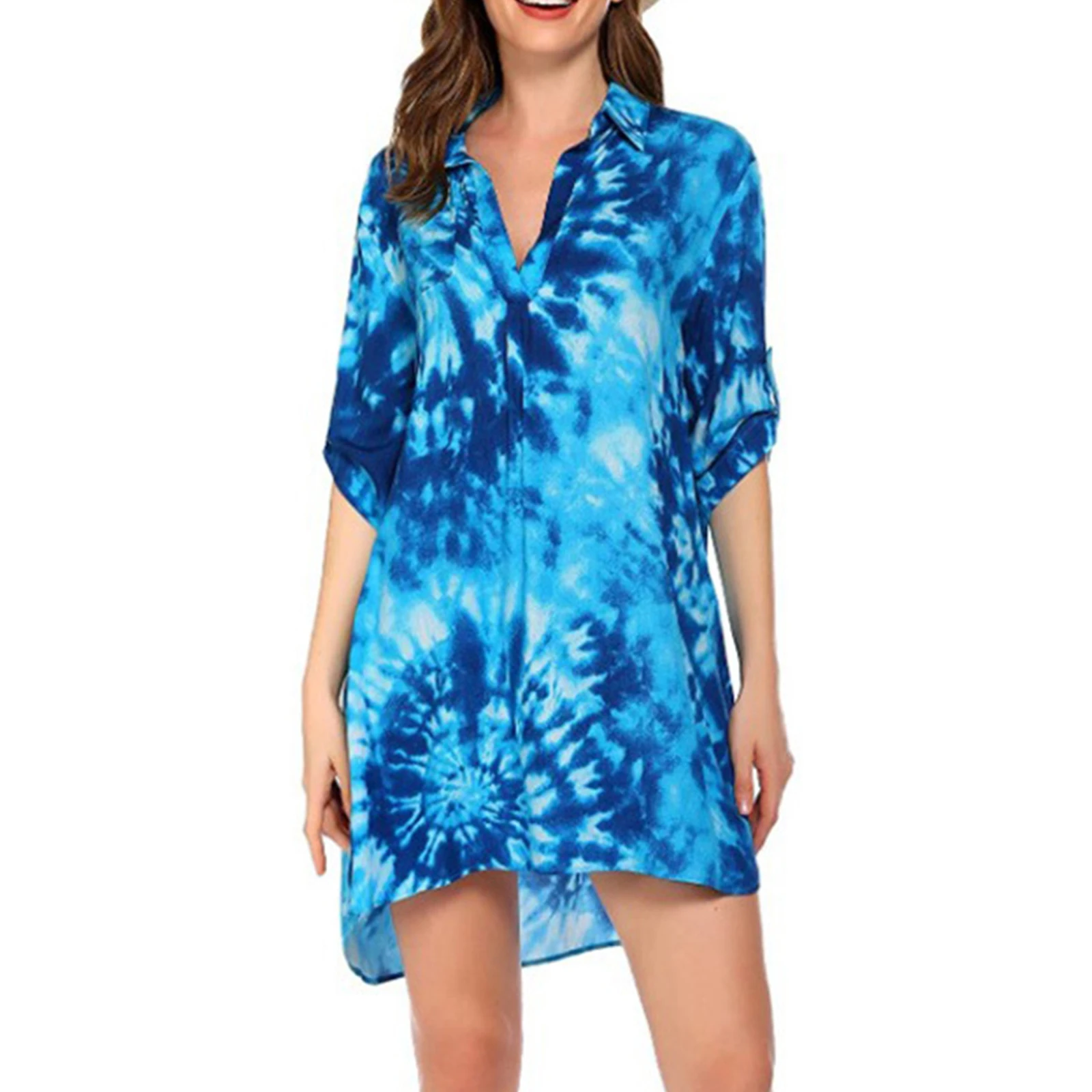 Женское летнее пляжное платье накидка на бикини с рукавом 3/4 туника V-образным