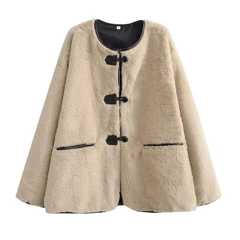 

EDSA Elegant Women Khaki Faux Fur Jacket Coat Long Sleeves for Female Single Breasted Double Pockets Thick Coat Autumn Winter