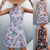 2022 spring summer new vintage sleeveless printed strappy halter dress french style woman mini skirt vestidos feminino for women