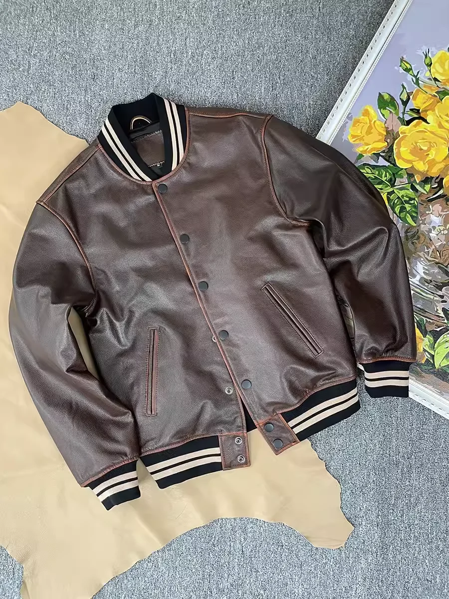 Высококачественная потертая куртка в стиле ретро коричневая из воловьей кожи Tea