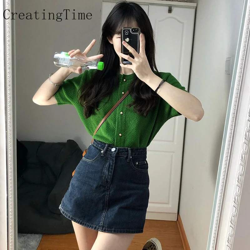 

Creatingtime 2022 Summer New Round Neck Metal Single Breasted Sweater + High Waist A-line Denim culottes Fashion Women's LH350