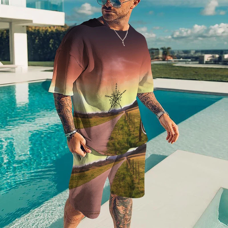 

Vintage Highway 3D Pattern Print Men Cloth Summer Streetswear Men Sets Tracksuit Oversized T Shirt Shorts outfits Set Cool Tees