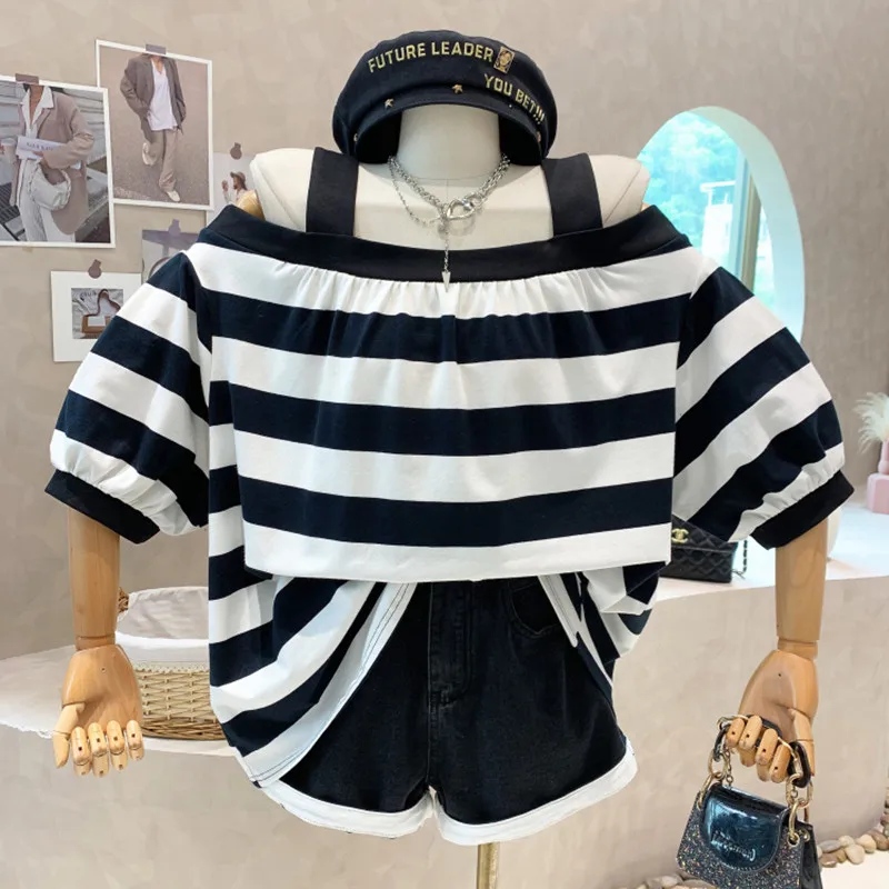 

New Women's Clothing 2022 Summer Medium long lazy Style Bubble short sleeve stripe T-shirt design off shoulder suspender top