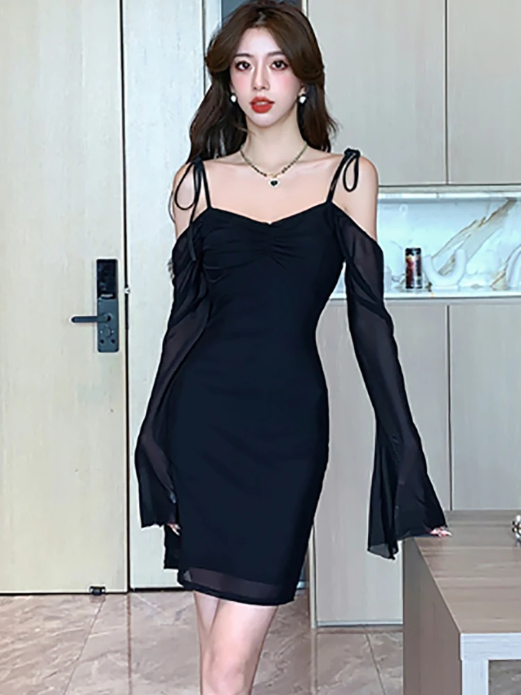 

Осенне-зимнее черное сексуальное Клубное короткое платье на бретельках с открытыми плечами и бантом, женское Сетчатое Элегантное повседневное платье, корейское винтажное Ночное платье 2023